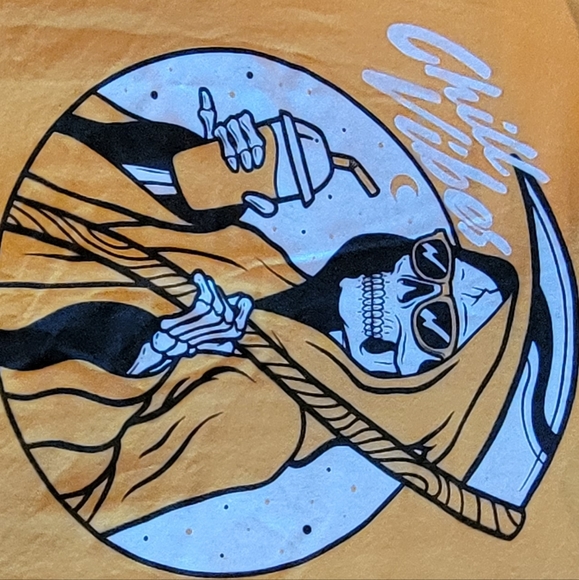 gold t-shirt FIFTH SUN Chill Vibes skeleton & scythe logo men's M  100 % cotton - Picture 2 of 4